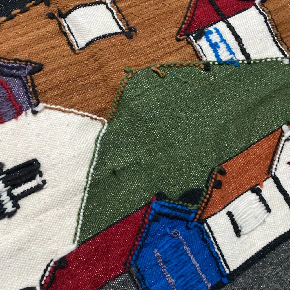 Vintage Blue Green Brown Mountain Village Tapestry